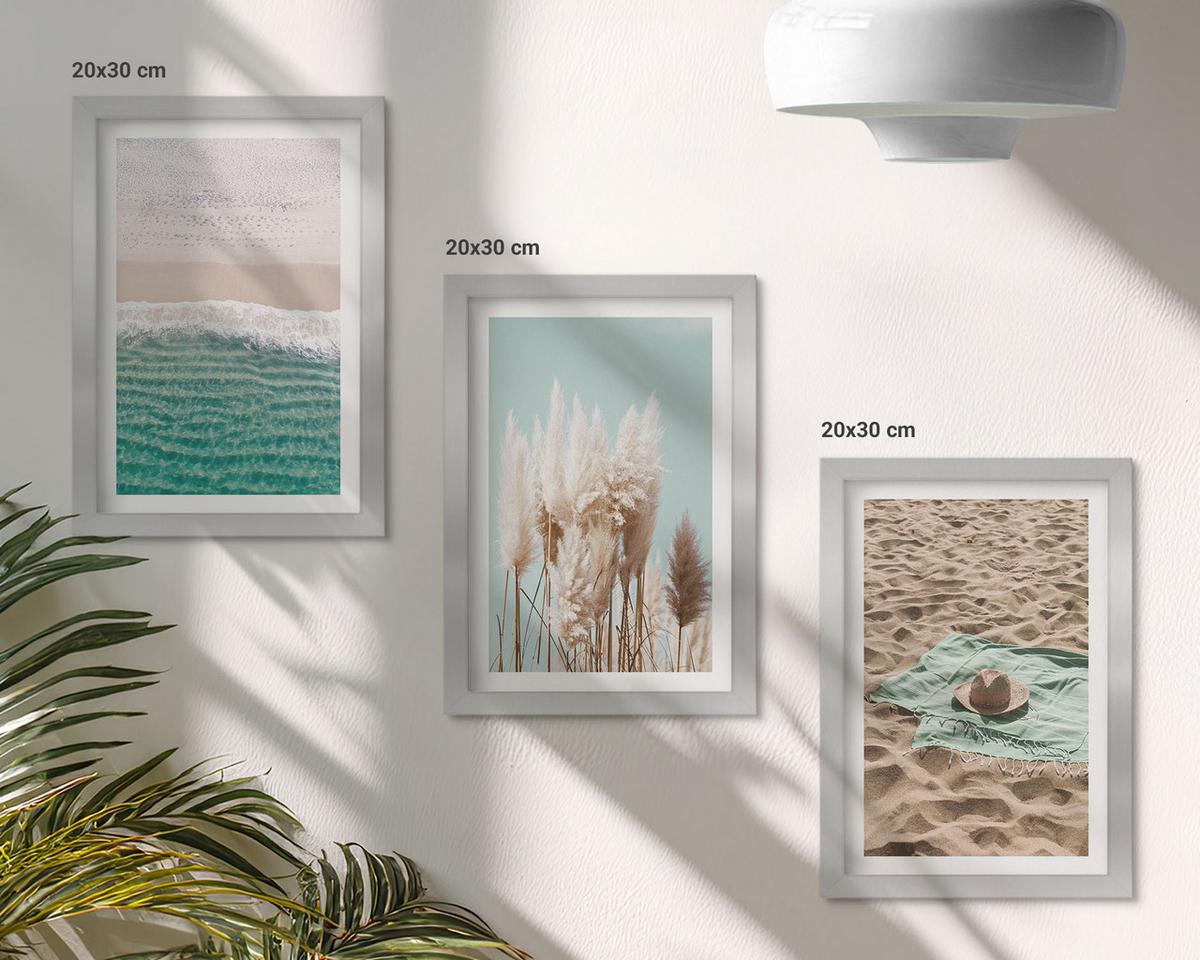 BILDER SET 3er Set - 20x30 cm Silberner Rahmen - Strandwellen Grashut - Silberfarben, Kunststoff (20/30cm) - TULUP