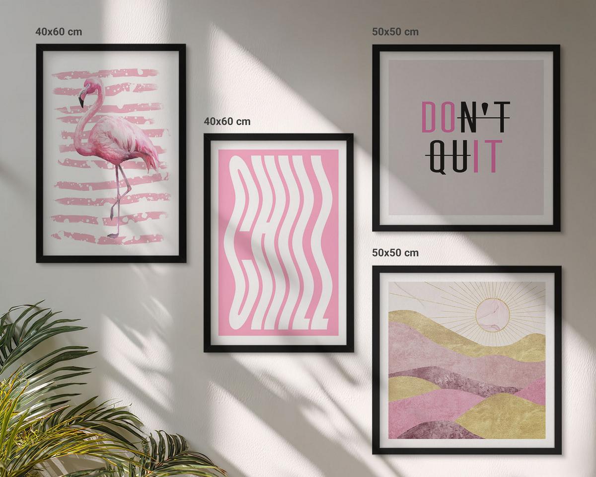 BILDER SET 4er Set - 50x50 cm & 40x60 cm Schwarzer Rahmen - Pastellfarbene Berglandschaft mit rosa Flamingos - Schwarz, Kunststoff (50/50cm) - TULUP