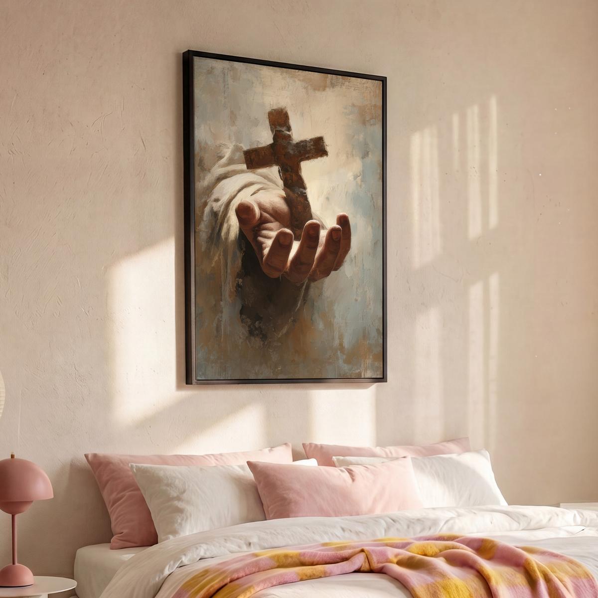 LEINWAND Bilder mit Rahmen - Abstrakt - Kreuz - Hand - Christentum - 90x140 - Hellbraun, Textil (90/140cm) - MuchoWow