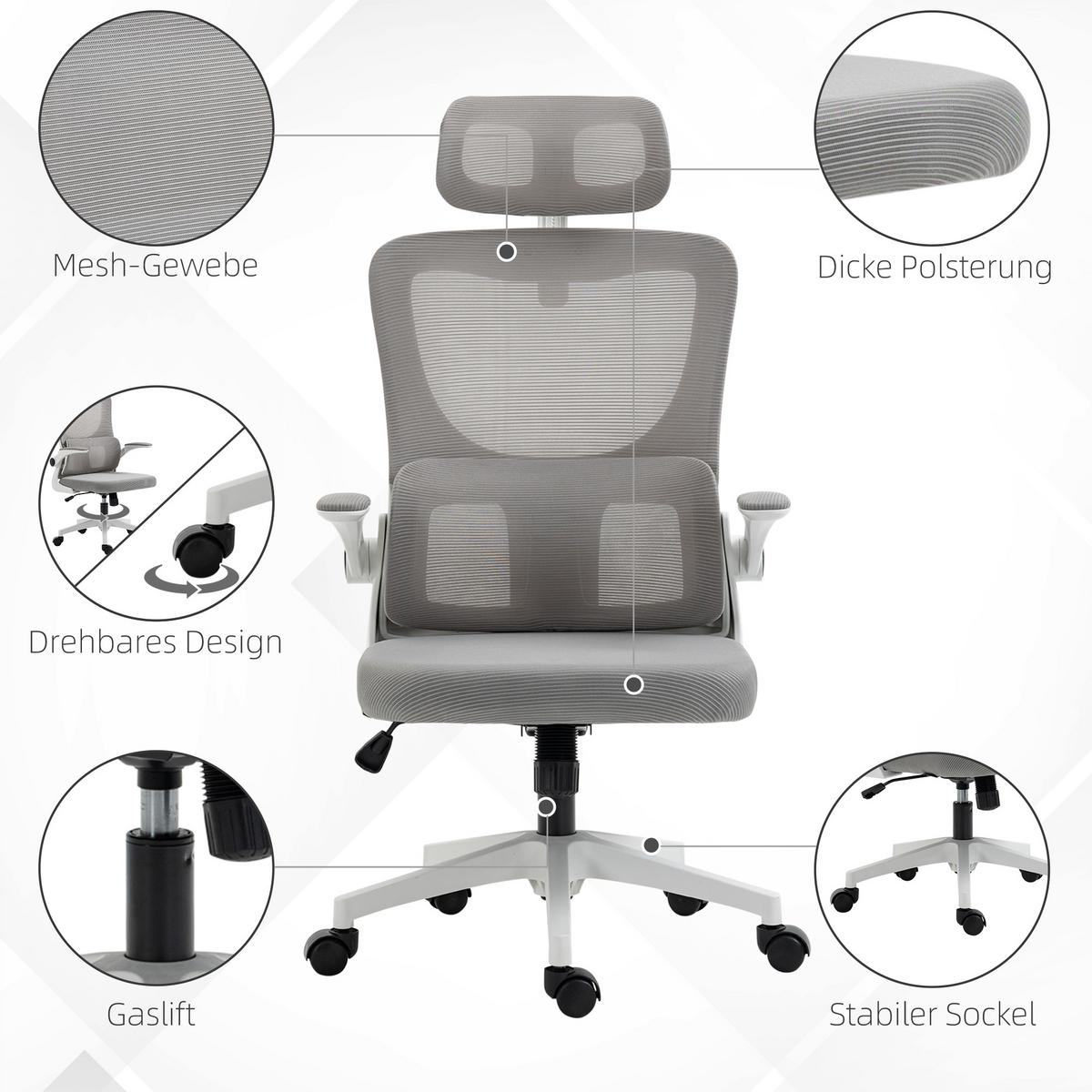 BÜROSTUHL Ergonomisch, Schreibtischstuhl mit Verstellbar Armlehne, Mesh, Grau - Grau, Textil (59/122/60cm) - Vinsetto