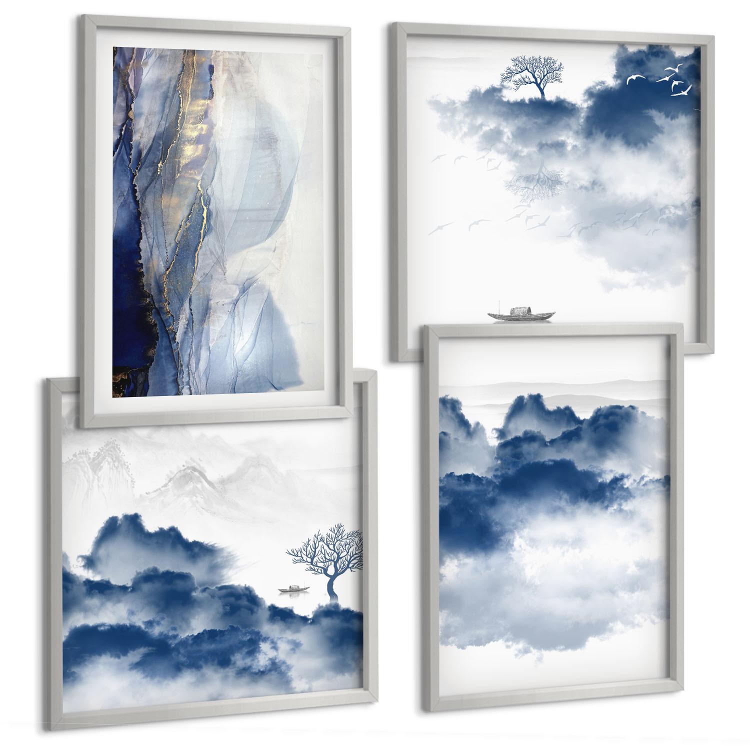 BILDER SET 4er Set - 50x50 cm & 40x60 cm Silberner Rahmen - Berge, Wolken, Bäume, Vögel im Hintergrund - Silberfarben, Kunststoff (50/50cm) - TULUP