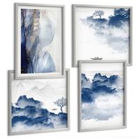 BILDER SET 4er Set - 50x50 cm & 40x60 cm Silberner Rahmen - Berge, Wolken, Bäume, Vögel im Hintergrund - Silberfarben, Kunststoff (50/50cm) - TULUP