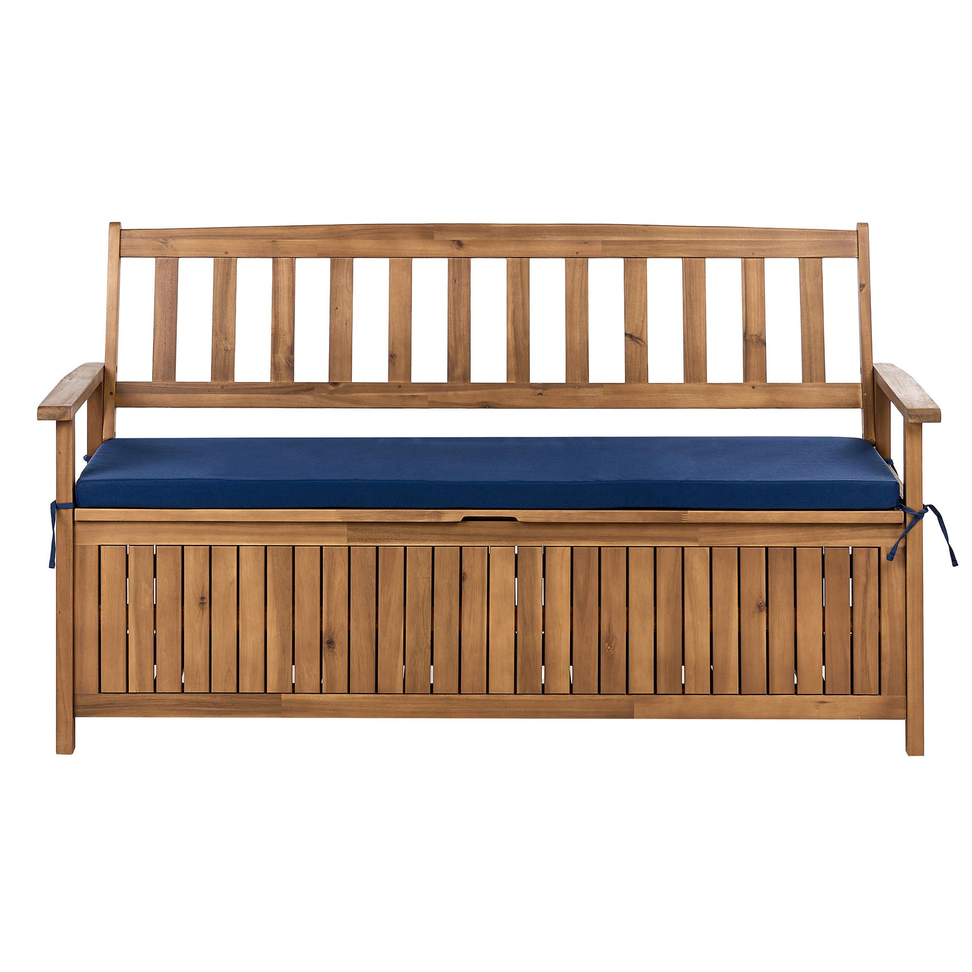 GARTENBANK mit Auflage 160 cm mit Stauraum Akazienholz Blau Sovana - Blau/Braun, Holz (160/91/60cm) - Beliani