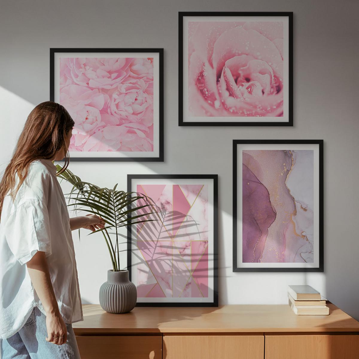 BILDER SET 4er Set - 50x50 cm & 40x60 cm Schwarzer Rahmen - Rosa geometrische Pfingstrosen - Schwarz, Kunststoff (50/50cm) - TULUP
