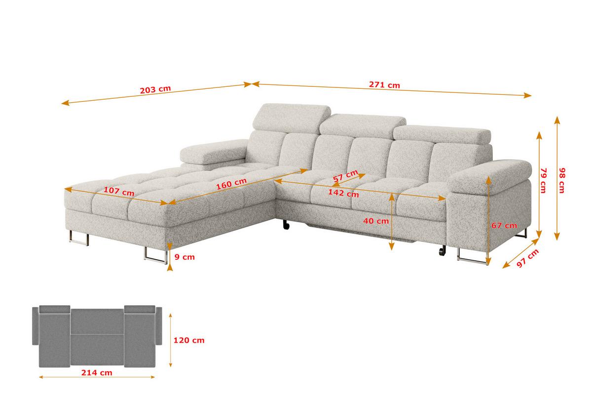 ECKSOFA mit Schlaffunktion Ottomane Links 271x203x79 Hellgrau Tissu - Hellgrau, Holzwerkstoff/Textil (271/203cm) - ALTDECOR