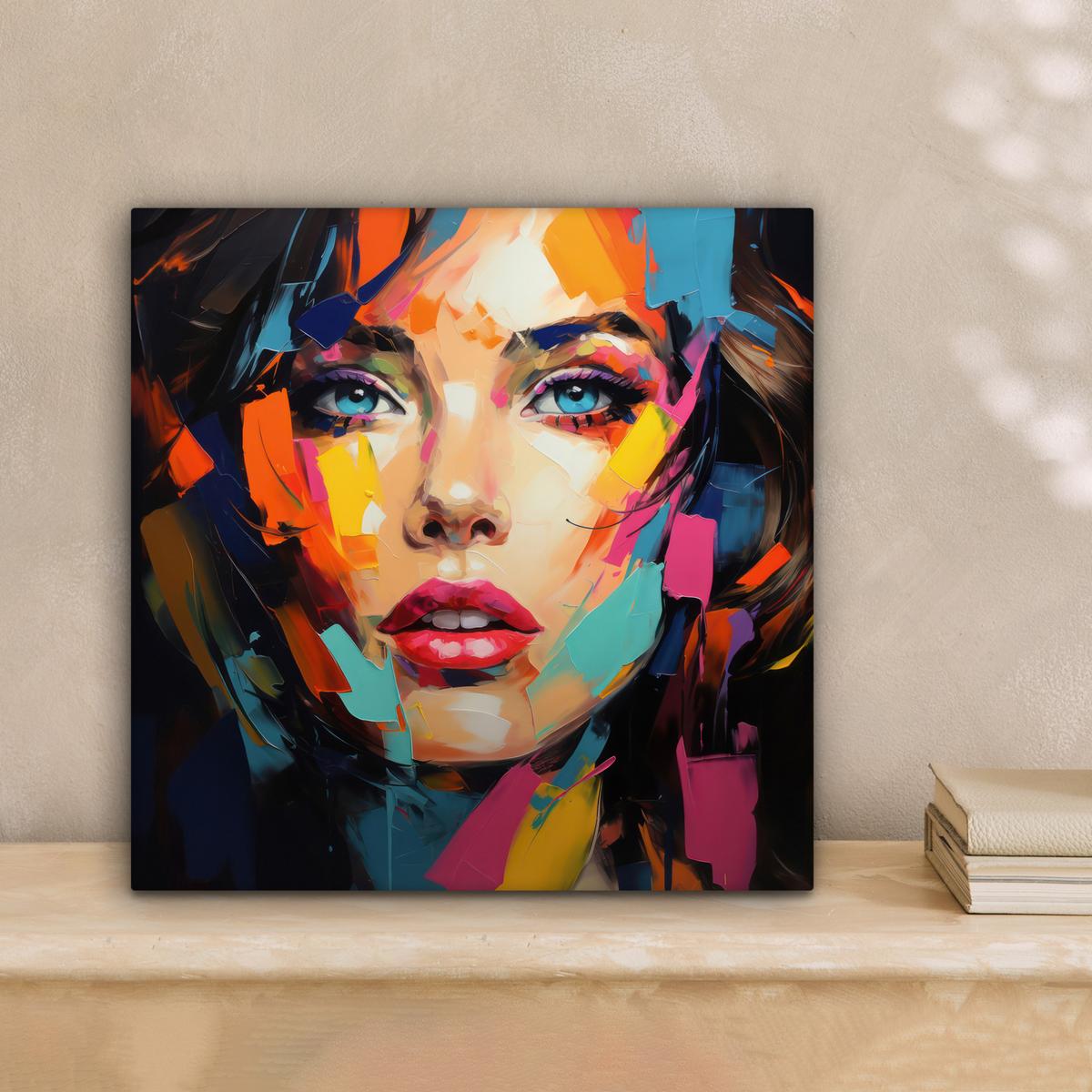 LEINWANDBILD Frau - Porträt - Farbenfroh - Kunst Deko Wohnzimmer 20x20 cm - Multicolor, Textil (20/20cm) - MuchoWow