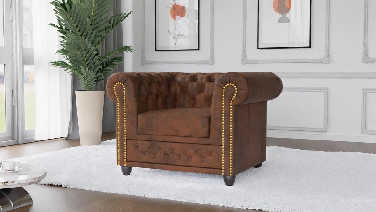 SITZGARNITUR mit Schlaffunktion 3+2+1 Chesterfield Flux Braun Microfaser Vintageoptik - Braun, Holz/Textil (203/72/86cm) - S-Style Möbel