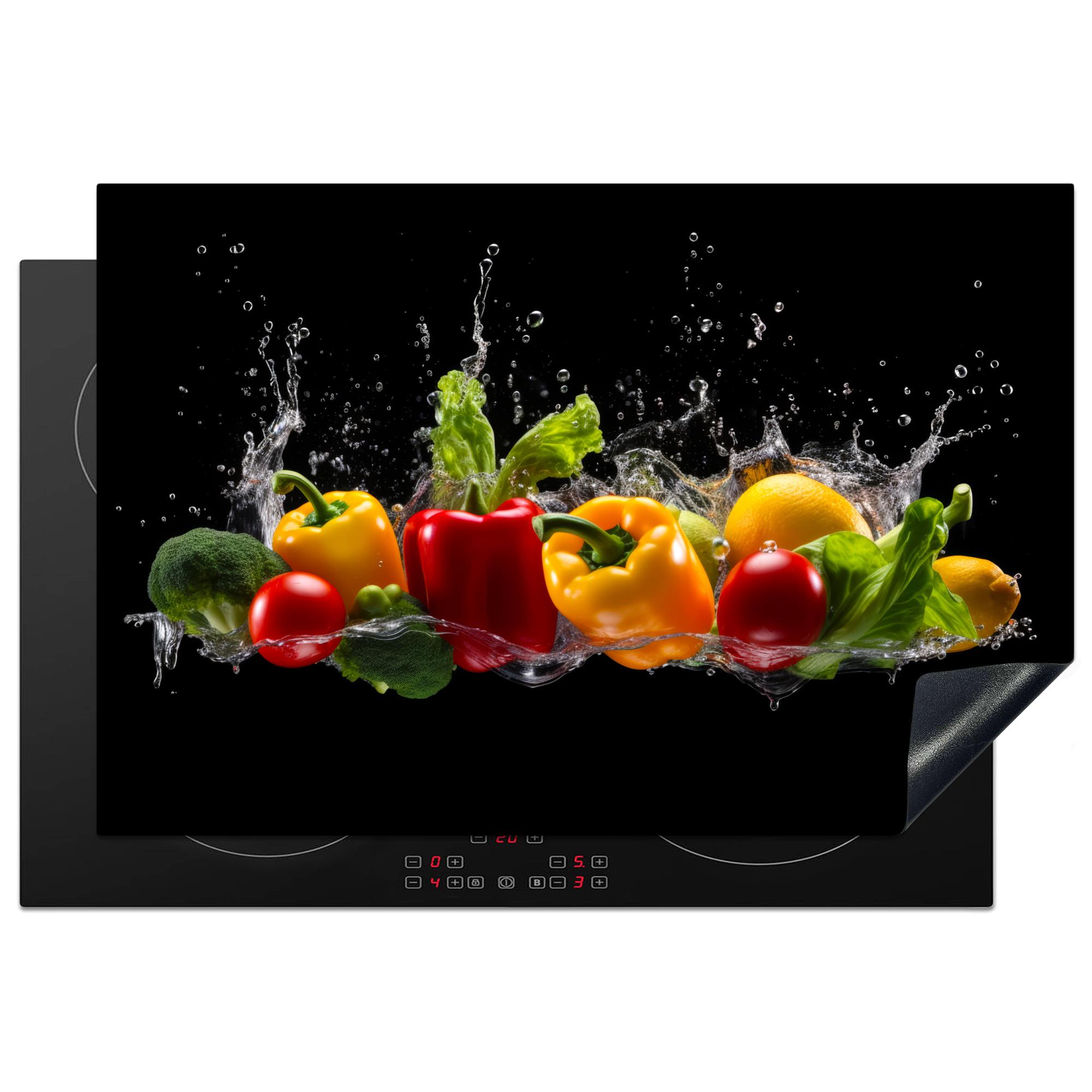 HERDABDECKPLATTE Paprika - Wasser - Gemüse - Schwarz Induktionsmatte 77x51 cm - Multicolor, Kunststoff (77/51/0.2cm) - MuchoWow