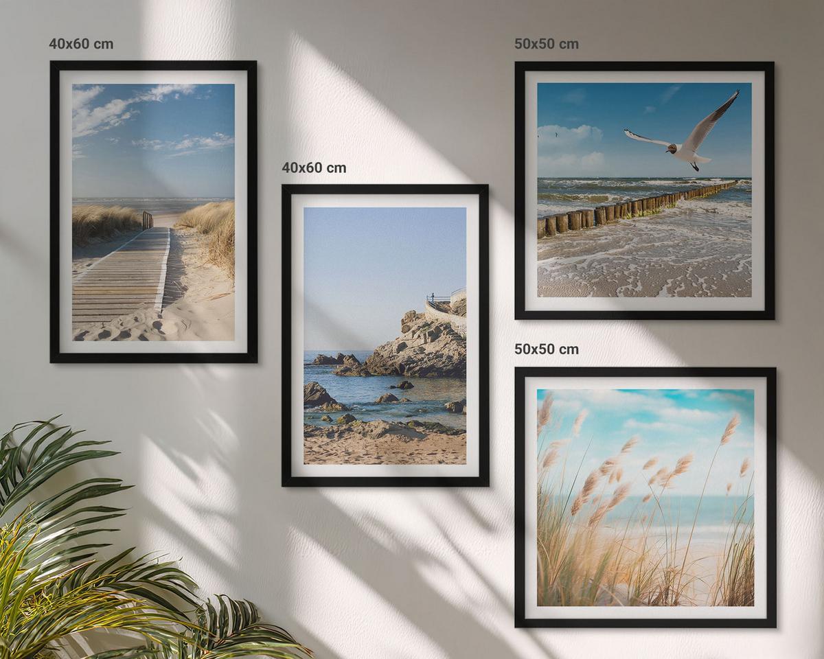 BILDER SET 4er Set - 50x50 cm & 40x60 cm Schwarzer Rahmen - Strand Holzsteg Klippen - Schwarz, Kunststoff (50/50cm) - TULUP