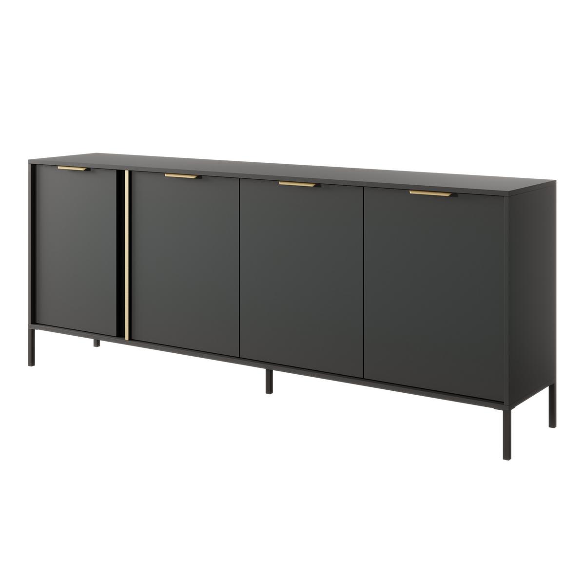SIDEBOARD Catanian 4T Grau 202,9/81,4/39,5 cm – mit goldenen Griffen und schwarzen Beinen - Schwarz/Grau, Holzwerkstoff/Metall (202.9/81.4/39.5cm) - AX Living