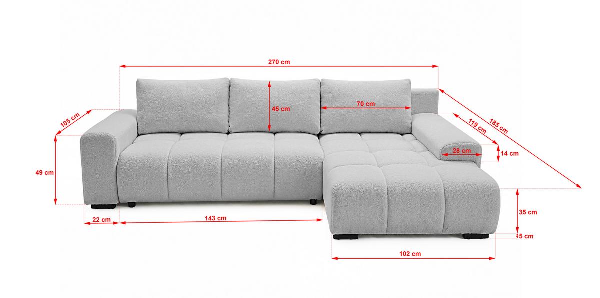 ECKSOFA Ovia mit Bettkasten und Schlaffunktion, Bouclé-Stoff in L-Form - Hellgrau, Textil (270/185cm)