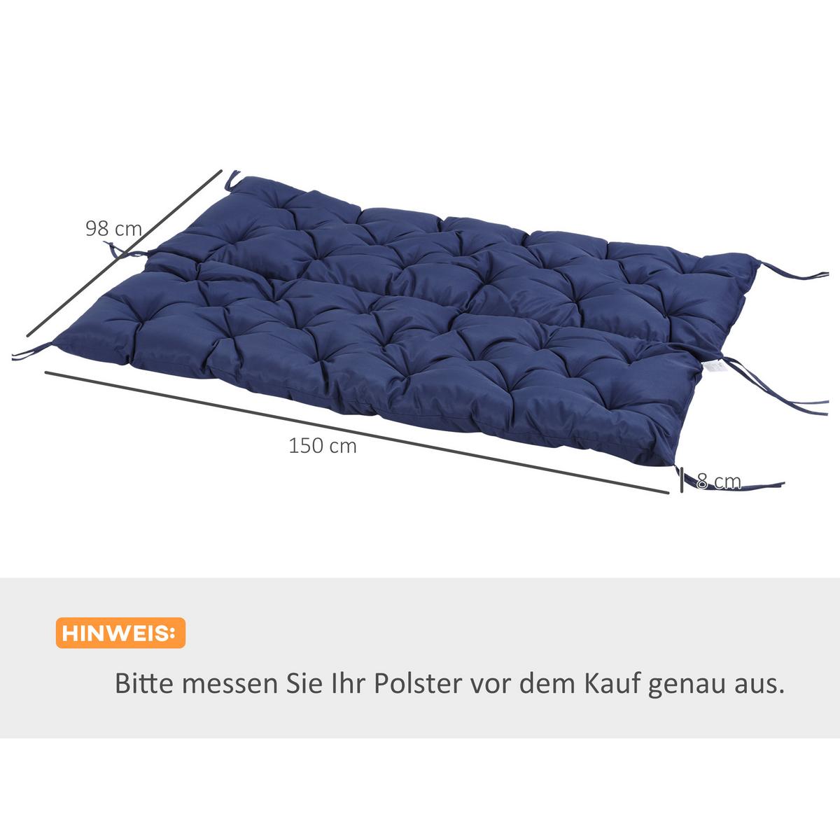 3 Sitzer Bankauflage 150 x 98 x 8 cm, Bankkissen mit Bändern, Sitzkissen Blau - Blau, Kunststoff (150/8/98cm) - Outsunny