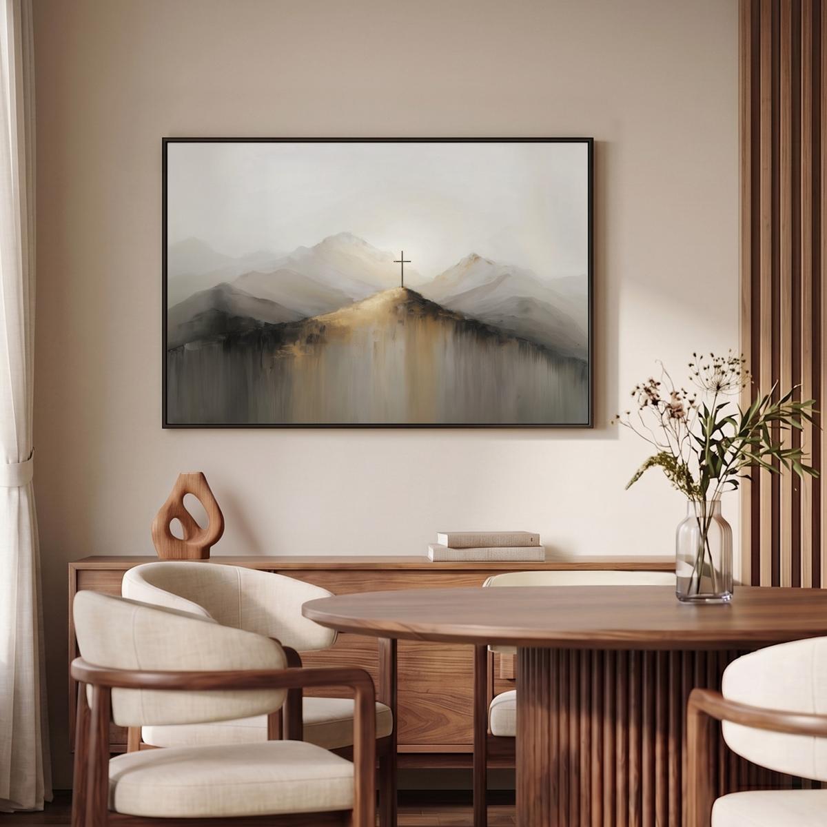 LEINWAND Bilder mit Rahmen - Hügel - Abstrakt - Kreuz - Christentum - 90x60 - Beige, Textil (90/60cm) - MuchoWow