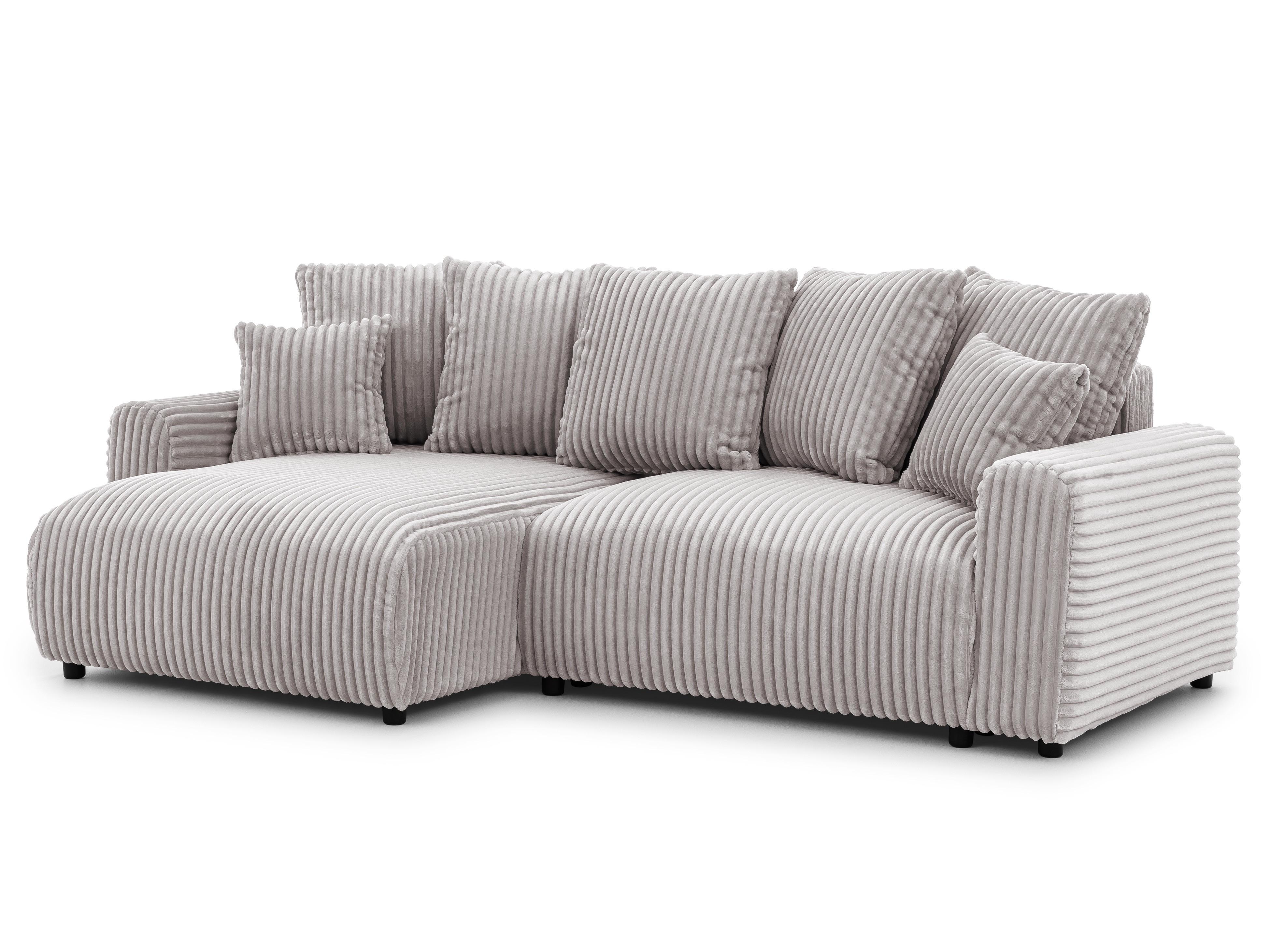 ECKSOFA Calma mit Schlaffunktion und Bettkasten im Bumpy-Design aus weichem Hellgrau Plüschcord - Ottomane links - Hellgrau/Schwarz, Holz/Kunststoff (239/140cm) - S-Style