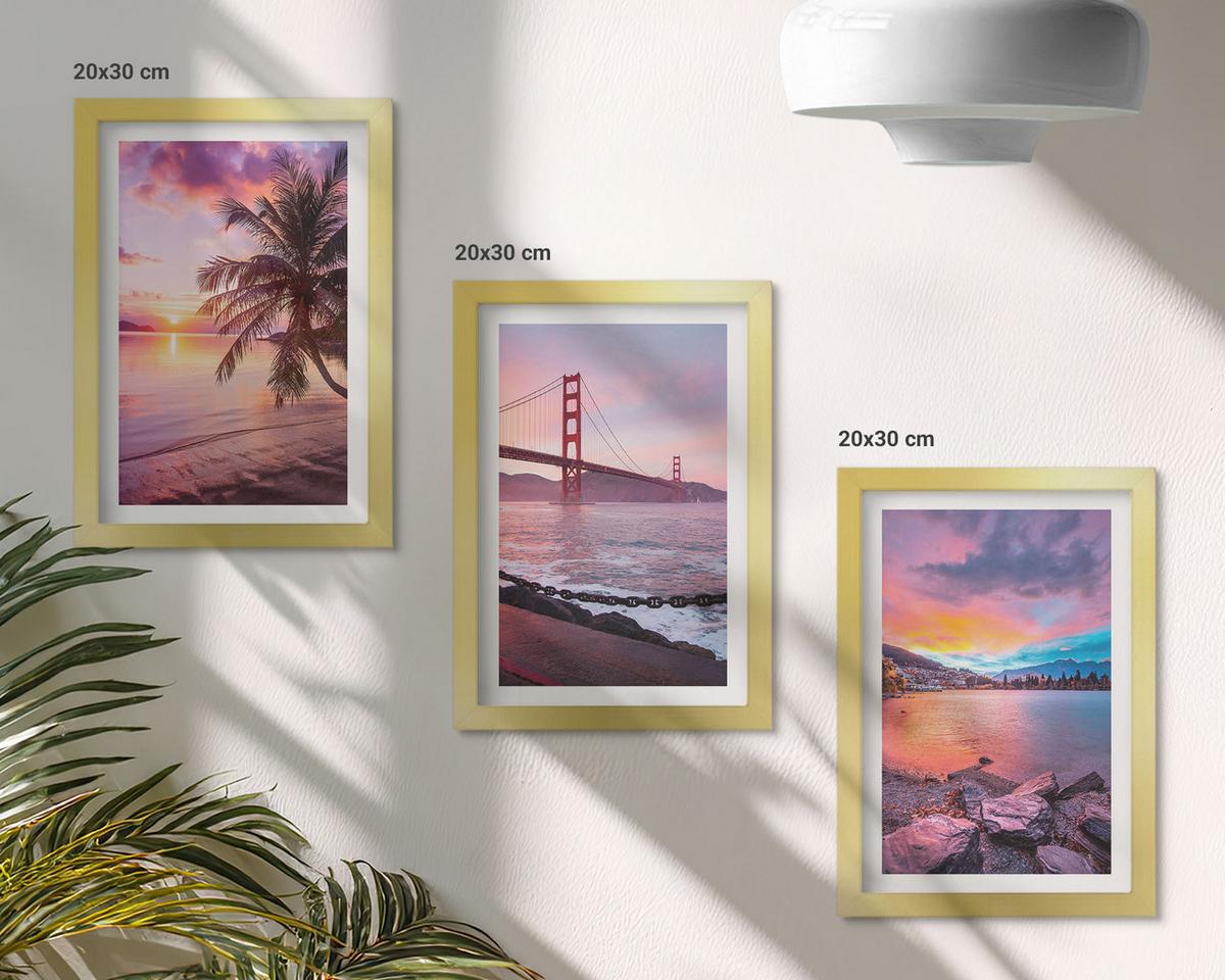 BILDER SET 3er Set - 20x30 cm Goldrahmen - Sonnenuntergangsbrücke Landschaft - Goldfarben, Kunststoff (20/30cm) - TULUP