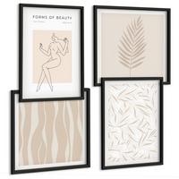 BILDER SET 4er Set - 50x50 cm & 40x60 cm Schwarzer Rahmen - Minimalistische Pflanzenmotive - Schwarz, Kunststoff (50/50cm) - TULUP