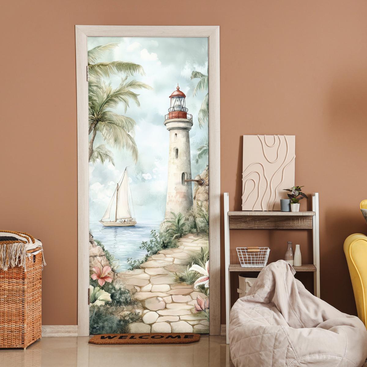 TÜRAUFKLEBER Leuchtturm - Natur - Landschaft - Boot Room Decor 85x205 cm - Türtapete - Eichefarben, Kunststoff (85/0.1cm) - MuchoWow