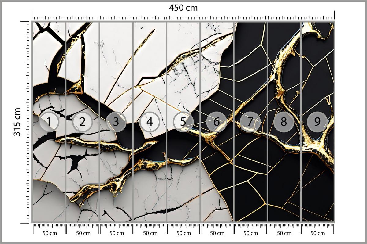 FOTOTAPETER für Badezimmer Abstrakter Marmor Goldene Verzierung 450x315 - Schwarz/Weiß, Papier (450/315cm) - Muralo