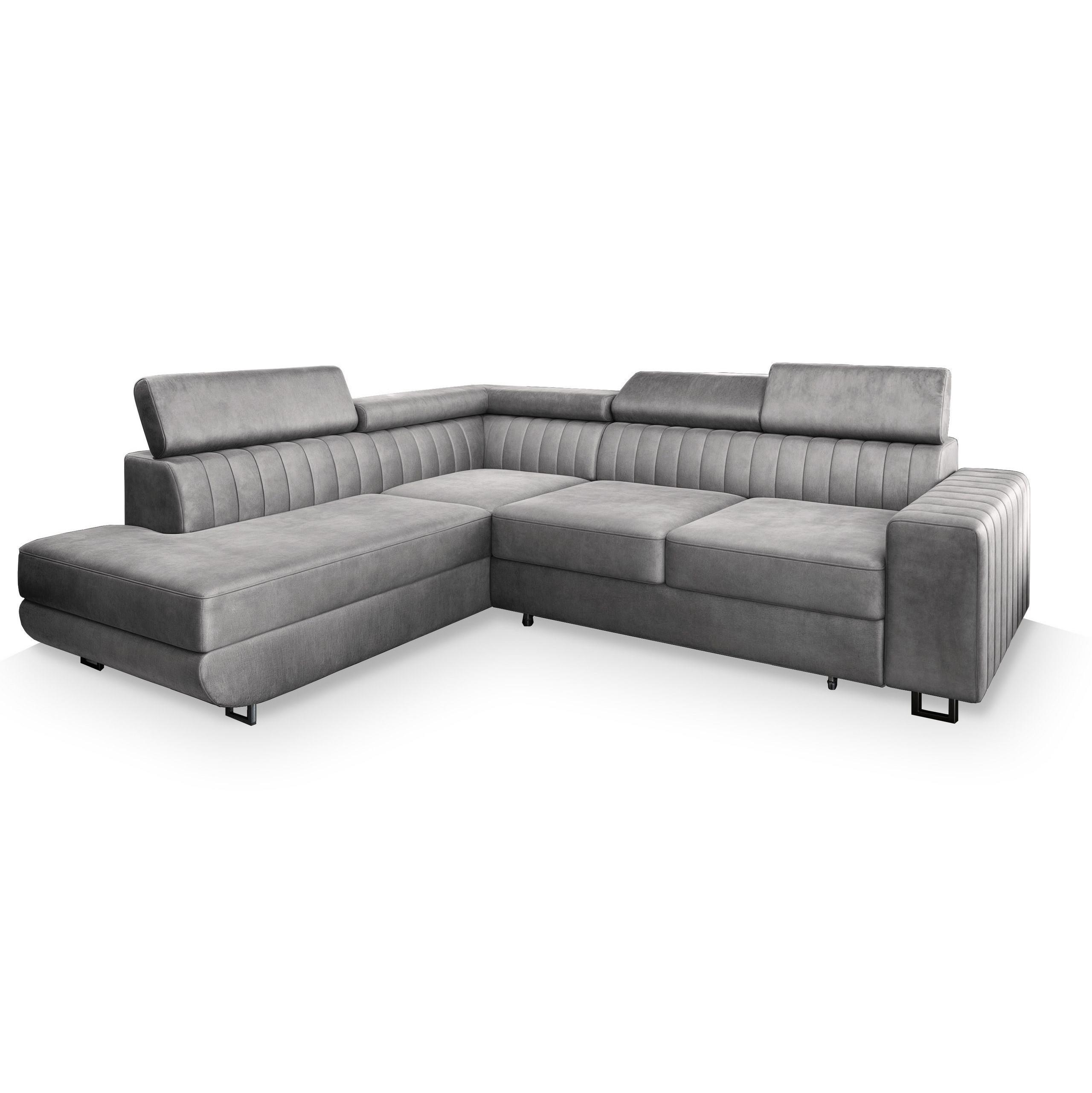 ECKSOFA NOLA L-S Hellgrau Velours-Stoff mit Schlaffunktion - Silberfarben/Hellgrau, Holz/Textil (253/190cm) - MASSENO