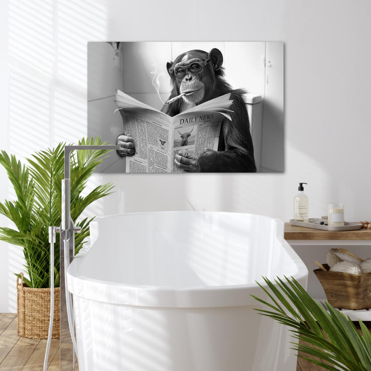 LEINWANDBILD Affe - WC - Zeitung - Schwarz-Weiß - Humor Wanddeko 90x60 cm - Hellgrau, Textil (90/60cm) - MuchoWow