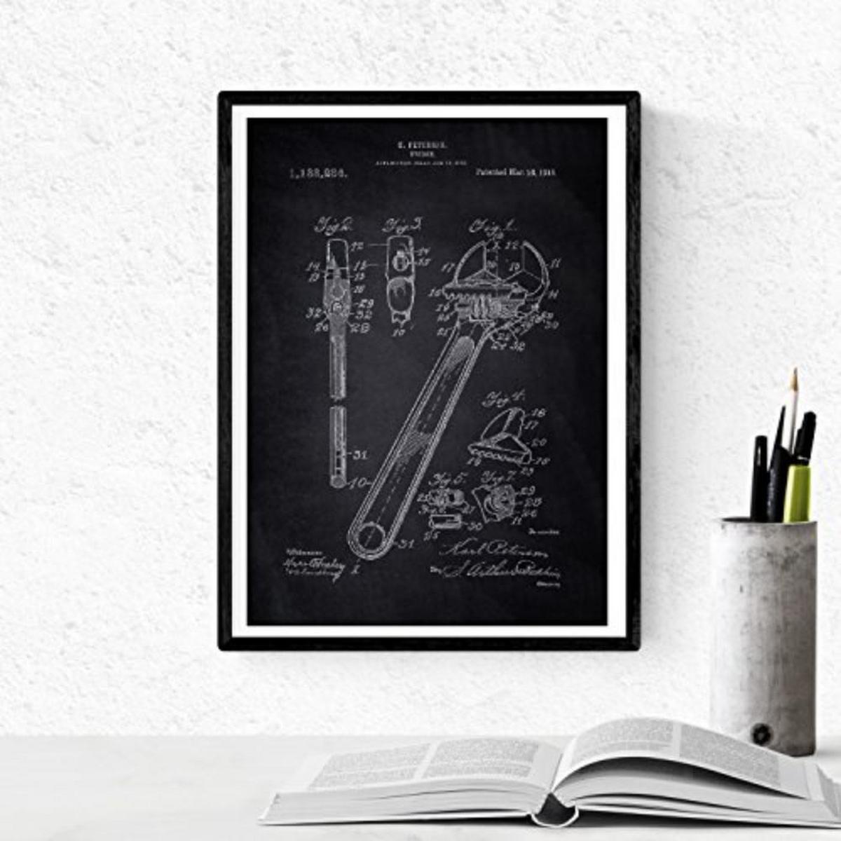 POSTER Set mit 4 Schwarz Patenten Werkzeuge 2 A4 Schwarzer Rahmen - Schwarz, Papier (29.7/3cm) - Nacnic