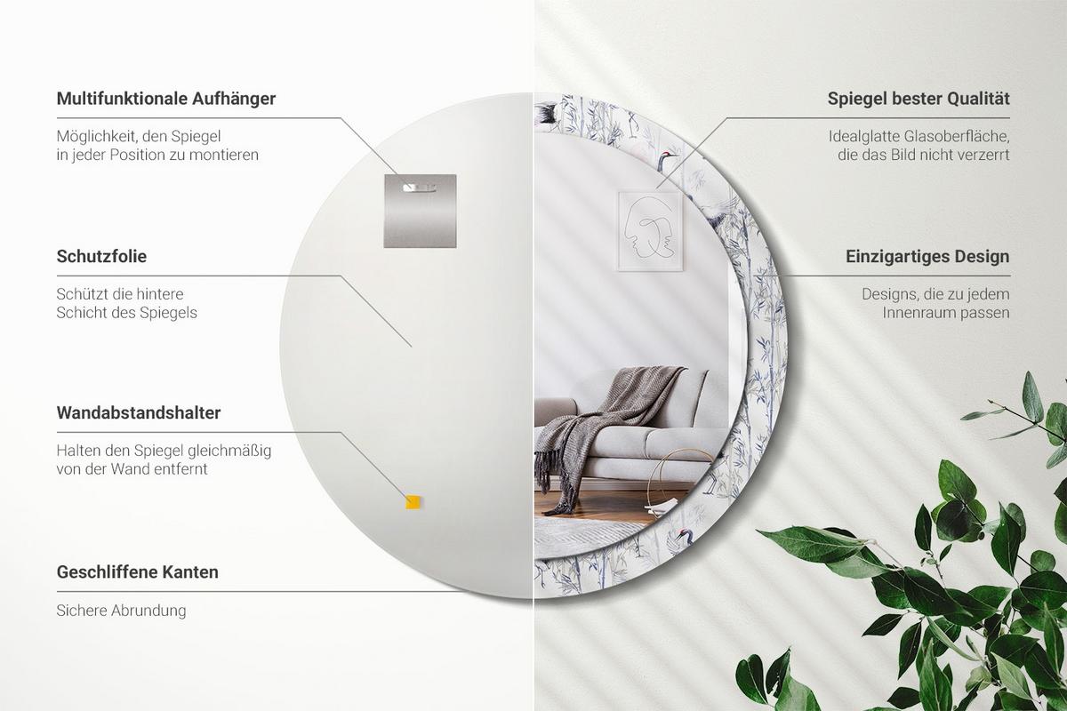 SPIEGEL Rund Ø 90 cm mit Aufdruck - Blau/Weiß, Glas (90/90/0.4cm) - Wallfluent