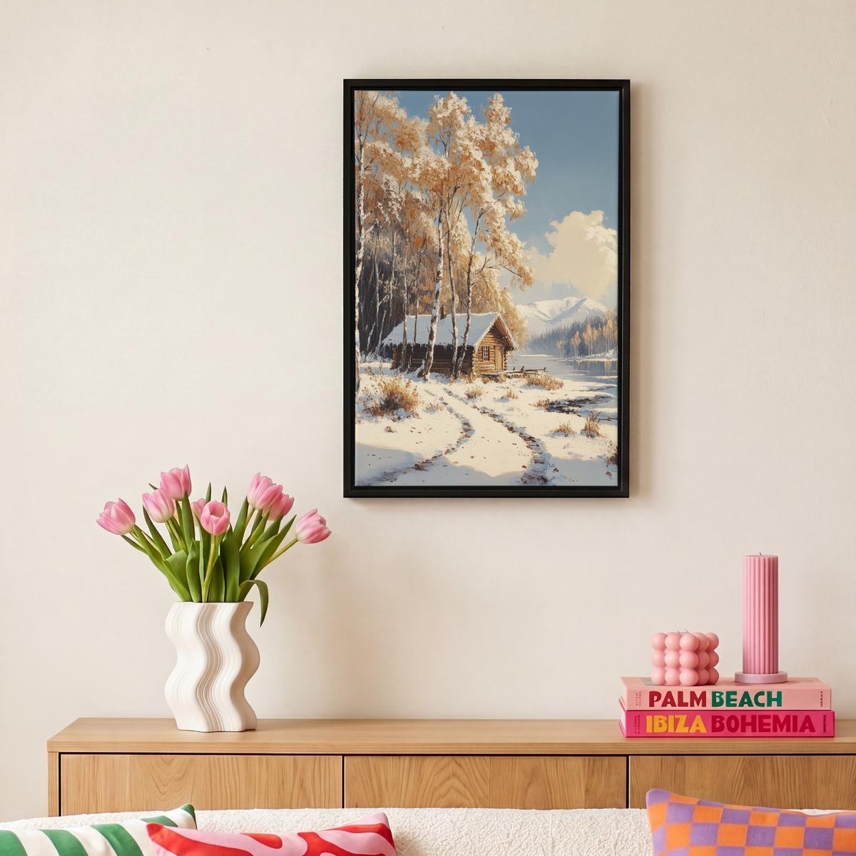 LEINWAND Bilder mit Rahmen - Winter - Schnee - Zuhause - Natur - 20x30 - Hellbraun, Textil (20/30cm) - MuchoWow