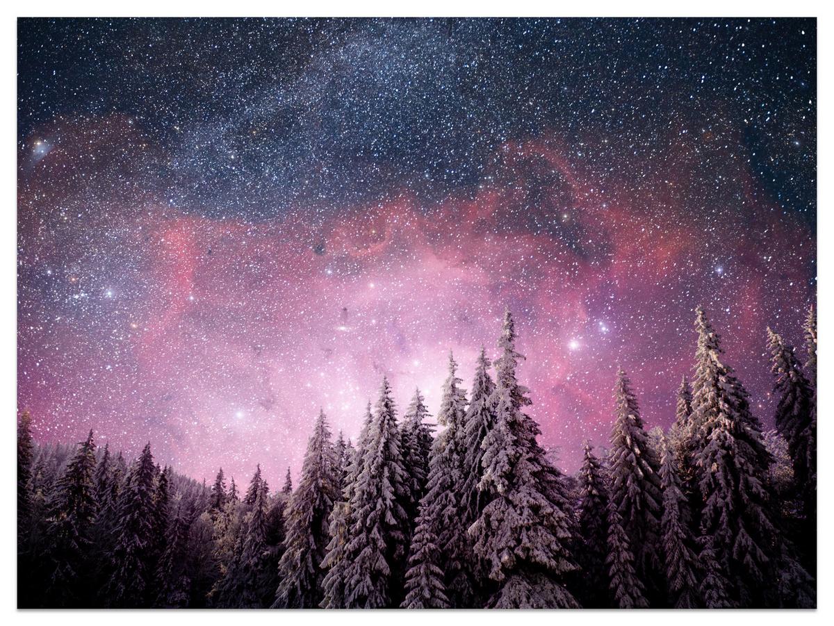 FOTOTAPETE für Schlafzimmer Verzauberter Tannenwald Winter Aurora 350x256 - Violett/Schwarz, Papier (350/256cm) - Muralo