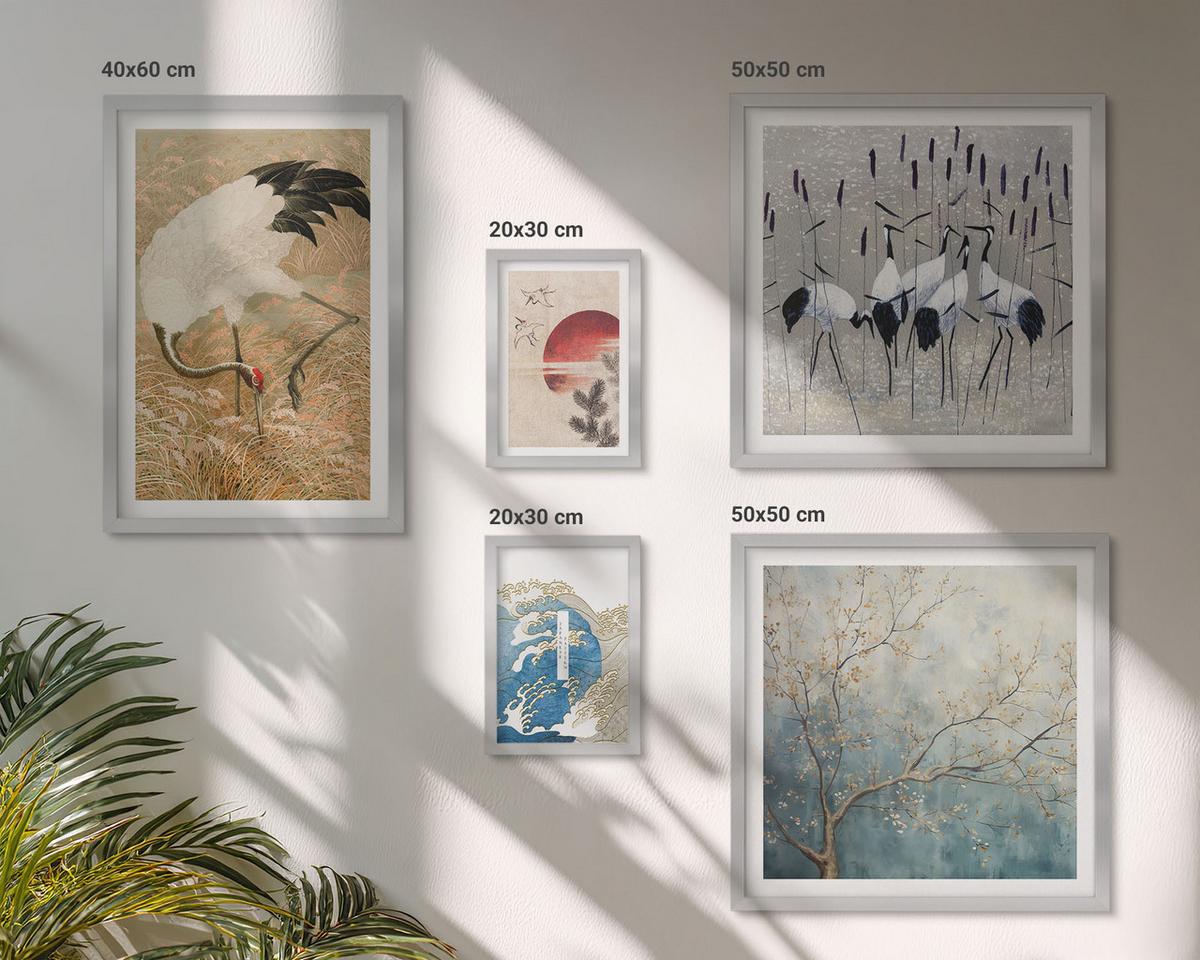 BILDER SET 5er Set - 50x50 cm & 20x30 cm & 40x60 cm Silberner Rahmen - Japanische Kraniche Landschaft - Silberfarben, Kunststoff (40/60cm) - TULUP