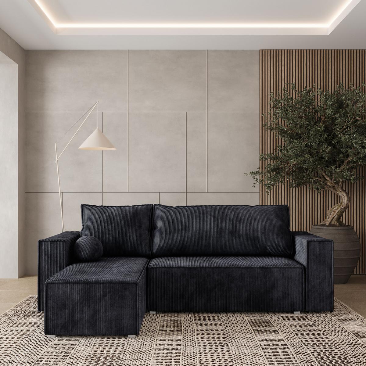 ECKSOFA RAVELO P Schwarz Kordstoff mit Schlaffunktion - Schwarz/Grau, Holz/Kunststoff (240/140cm) - MASSENO