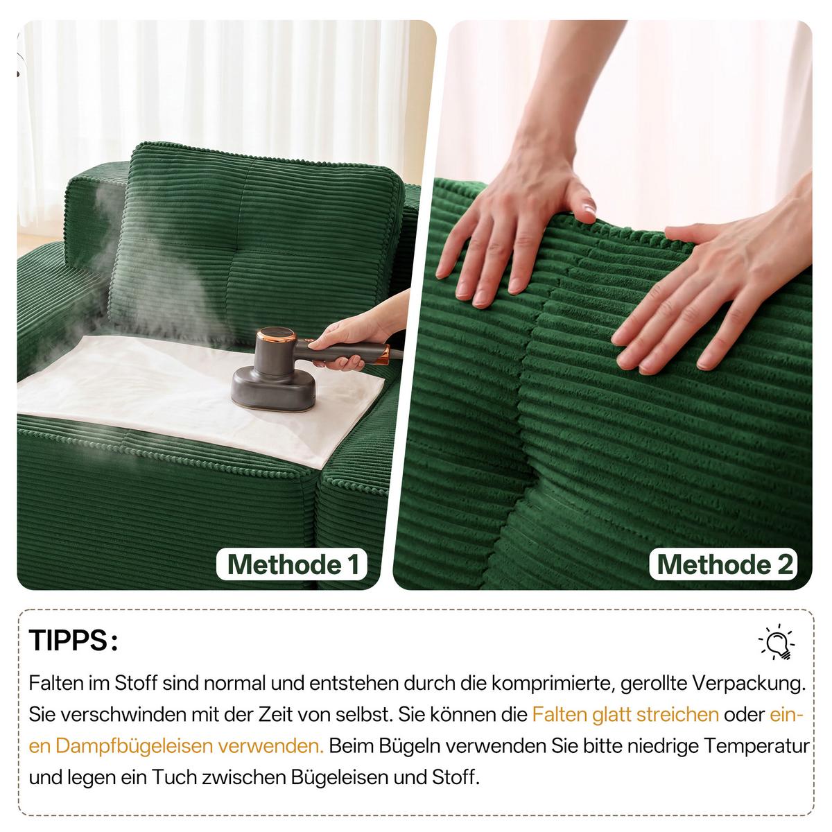 2-SITZER SOFA Boneless Modular Cord Grün ohne Montage - Grün, Textil (204/69/104cm) - Urban Meuble