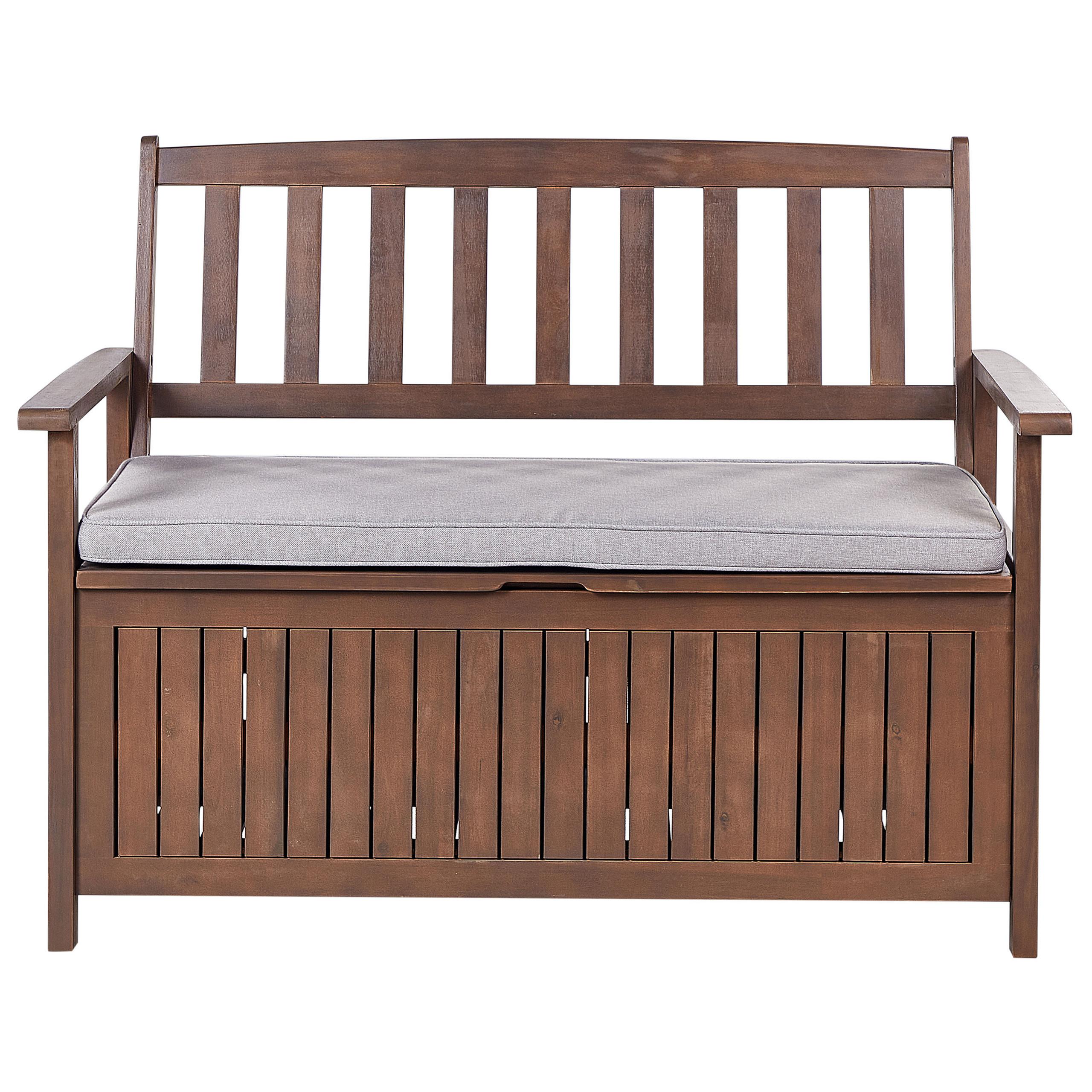 GARTENBANK Akazienholz dunkelbraun mit Stauraum Auflage hellgrau Sovana 120 cm - Hellgrau/Braun, Holz (120/91/60cm) - Beliani