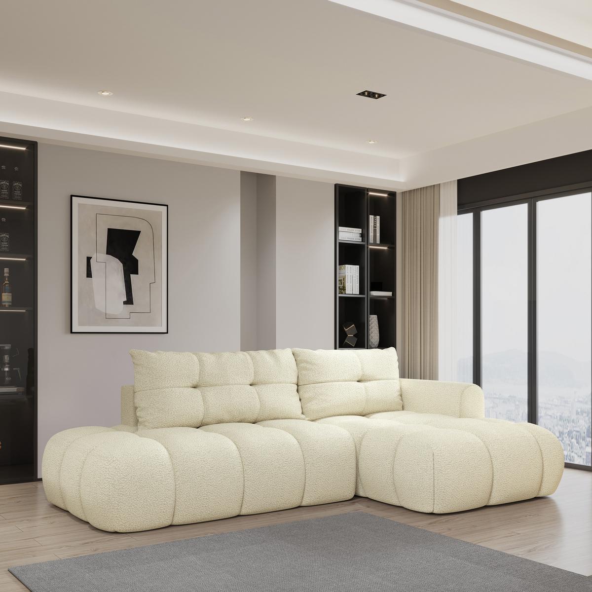 ECKSOFA FLUMA R-S Creme Boucle-Stoff mit Schlaffunktion - Creme, Holz (279/158cm) - MASSENO
