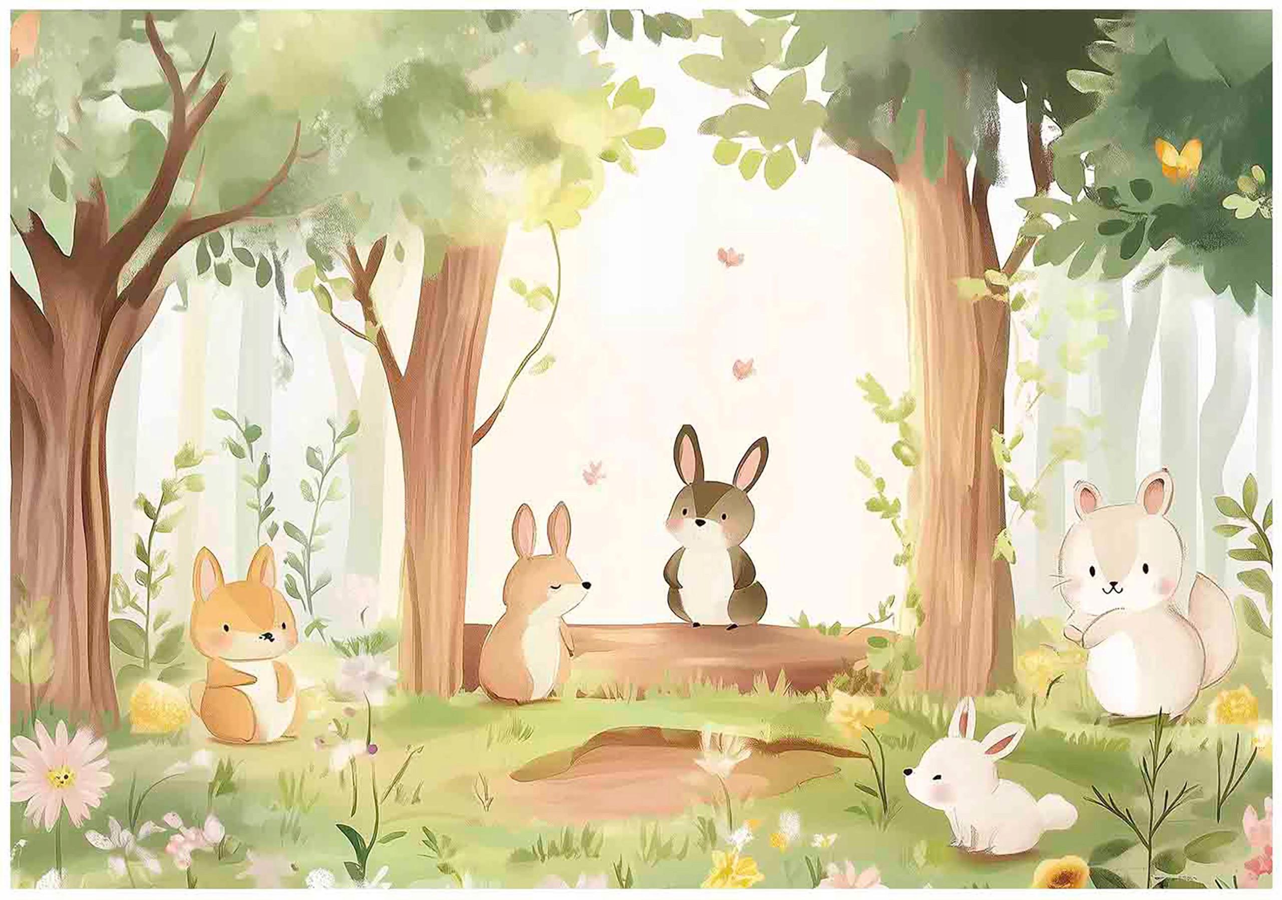 FOTOTAPETE Kinderzimmer Wald Tiere 200x140 - Multicolor, Papier (200/140cm) - Wallarena