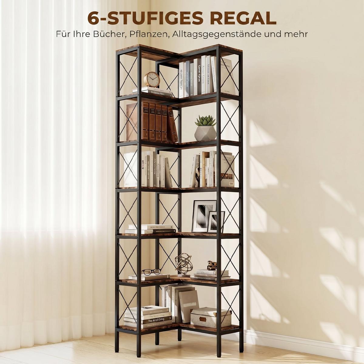 BÜCHERREGAL Spanplatte Metall Rustikal-Braun - Schwarz/Braun, Holzwerkstoff/Metall (60/200/60cm) - HOMCOM