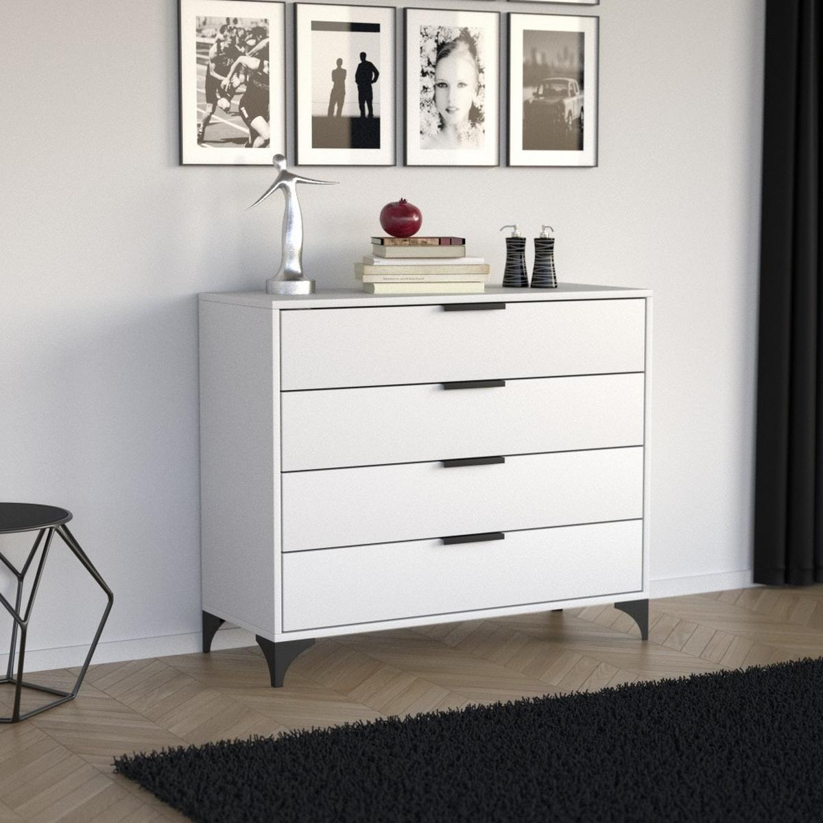 KOMMODE Home mit 4 Schubladen, 100 cm, mit Griffen, Weiß - Schwarz/Weiß, Holzwerkstoff (80/85/40cm) - Beautysofa