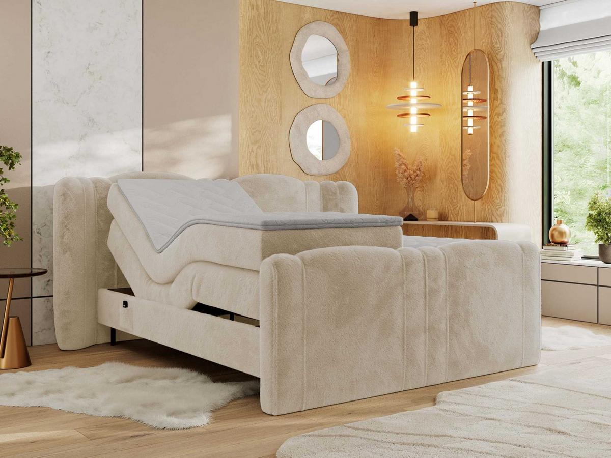 BOXBETT FORTINA 160/200 - Creme Plüsch - H4 - Creme, Holz/Textil (160/200cm) - MKS