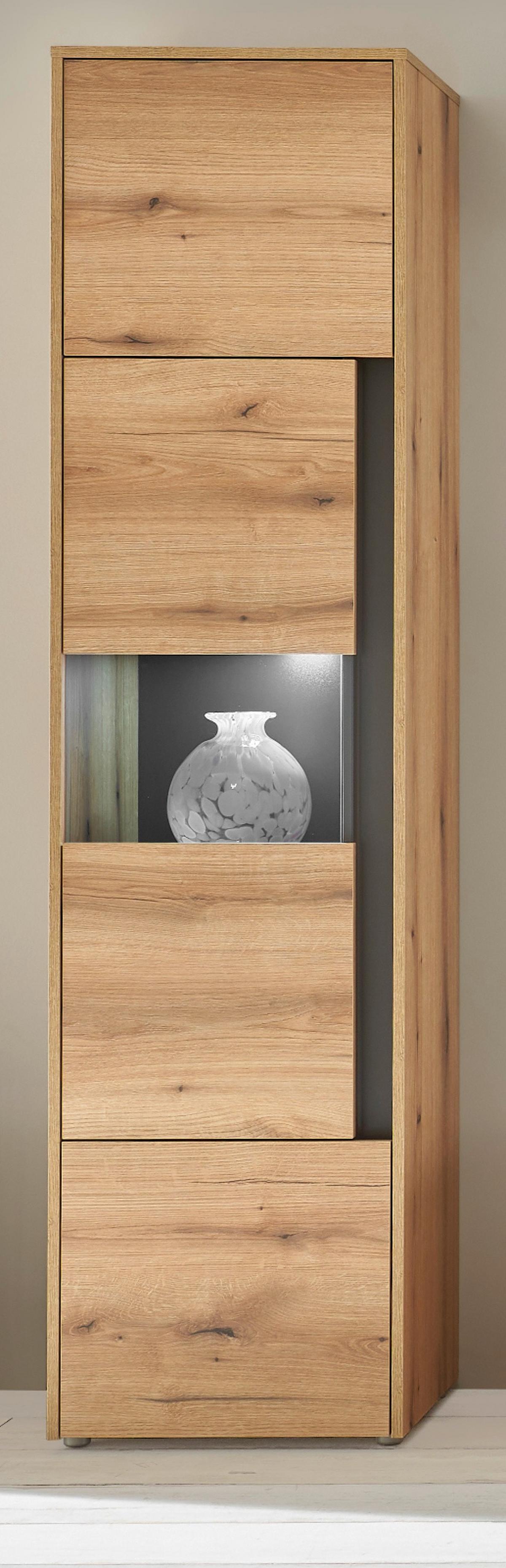 VITRINE Eiche Evoke 50 x 197 cm, Vitrinenschrank 3-türig mit 5 Fächern - Eichefarben/Schwarz, Glas/Holzwerkstoff (50/197/40cm) - Furn.Design