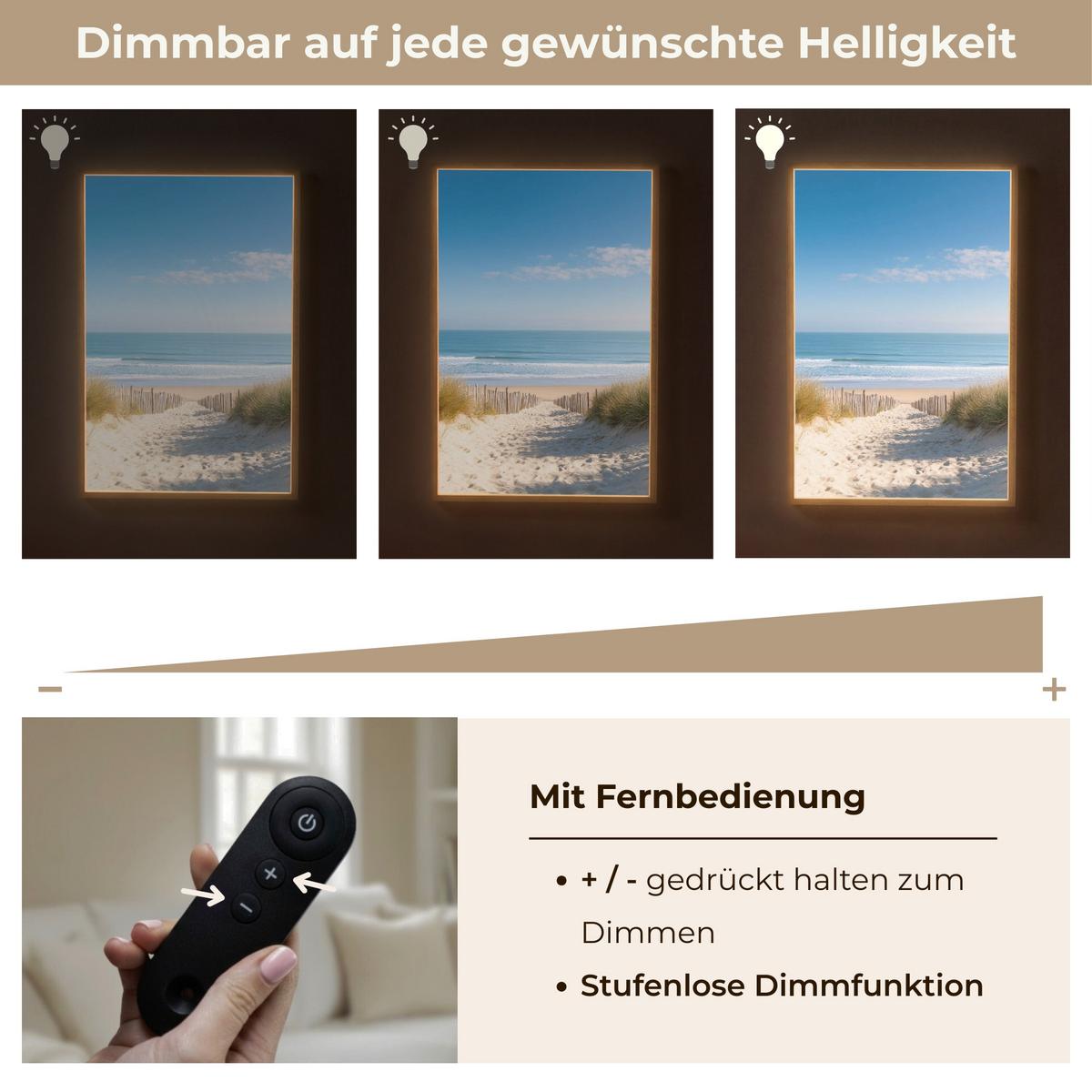 WANDLEUCHTE MIT AKKU Strand - Meer - Düne - Sand - Sommer 60x90 cm - Sandfarben, Holzwerkstoff (60/90/8cm) - OnlyWow