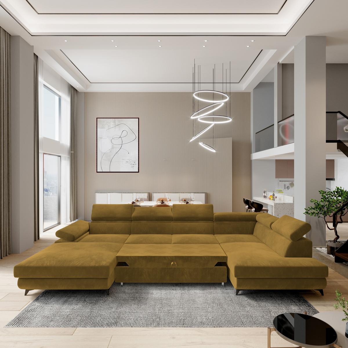 WOHNLANDSCHAFT RUBANO R-S Gelb Velours-Stoff mit Schlaffunktion - Gelb, Holz (339/89/190cm) - MASSENO