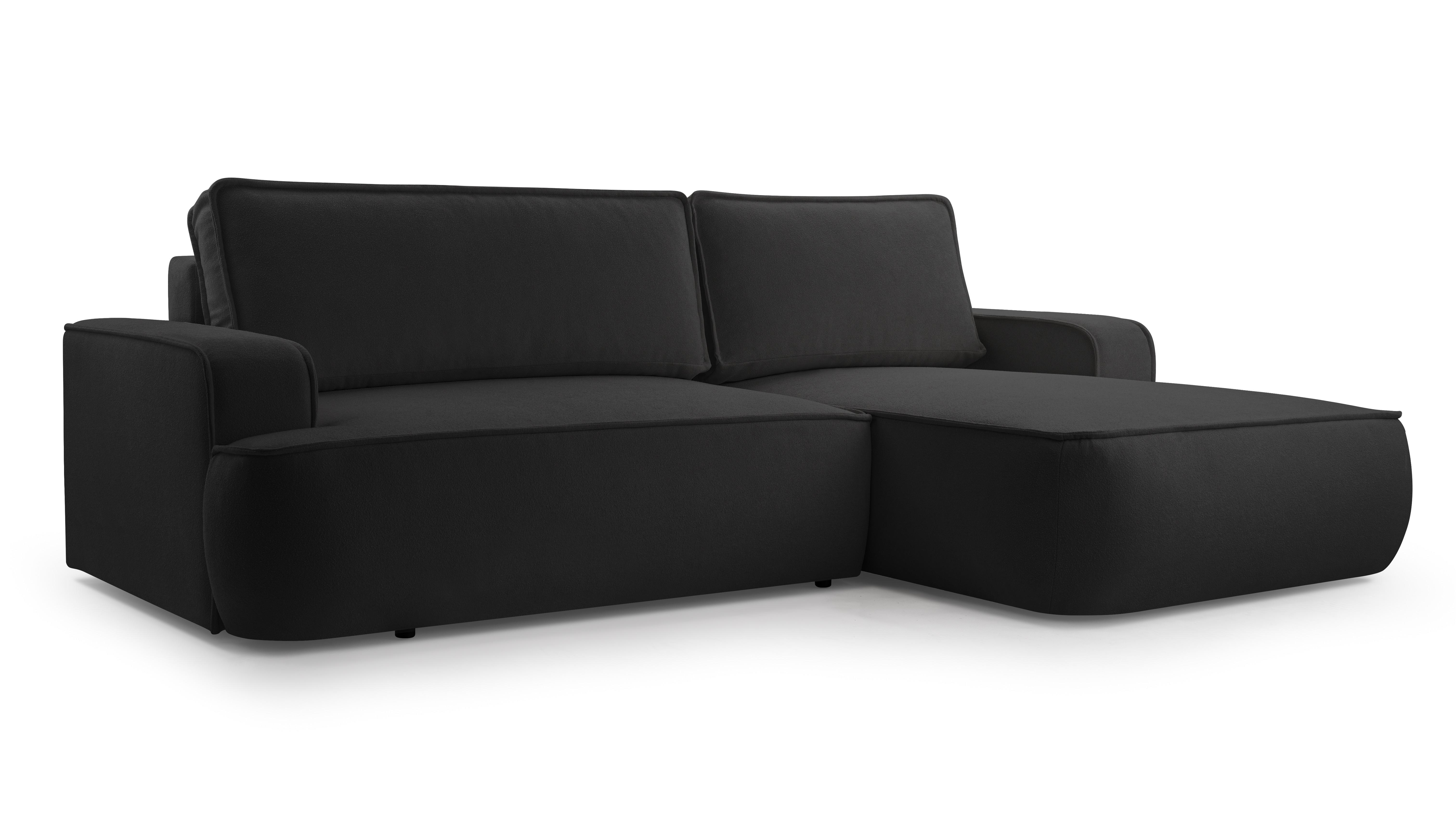 ECKSOFA SOLO Schwarz Boucle-Stoff mit Schlaffunktion - Schwarz, Holz (260/168cm) - MASSENO