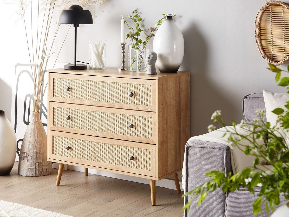 KOMMODE 3 Schubladen Rattan heller Holzfarbton Ponca - Hellbraun/Schwarz, Holzwerkstoff (90/79/40cm) - Beliani