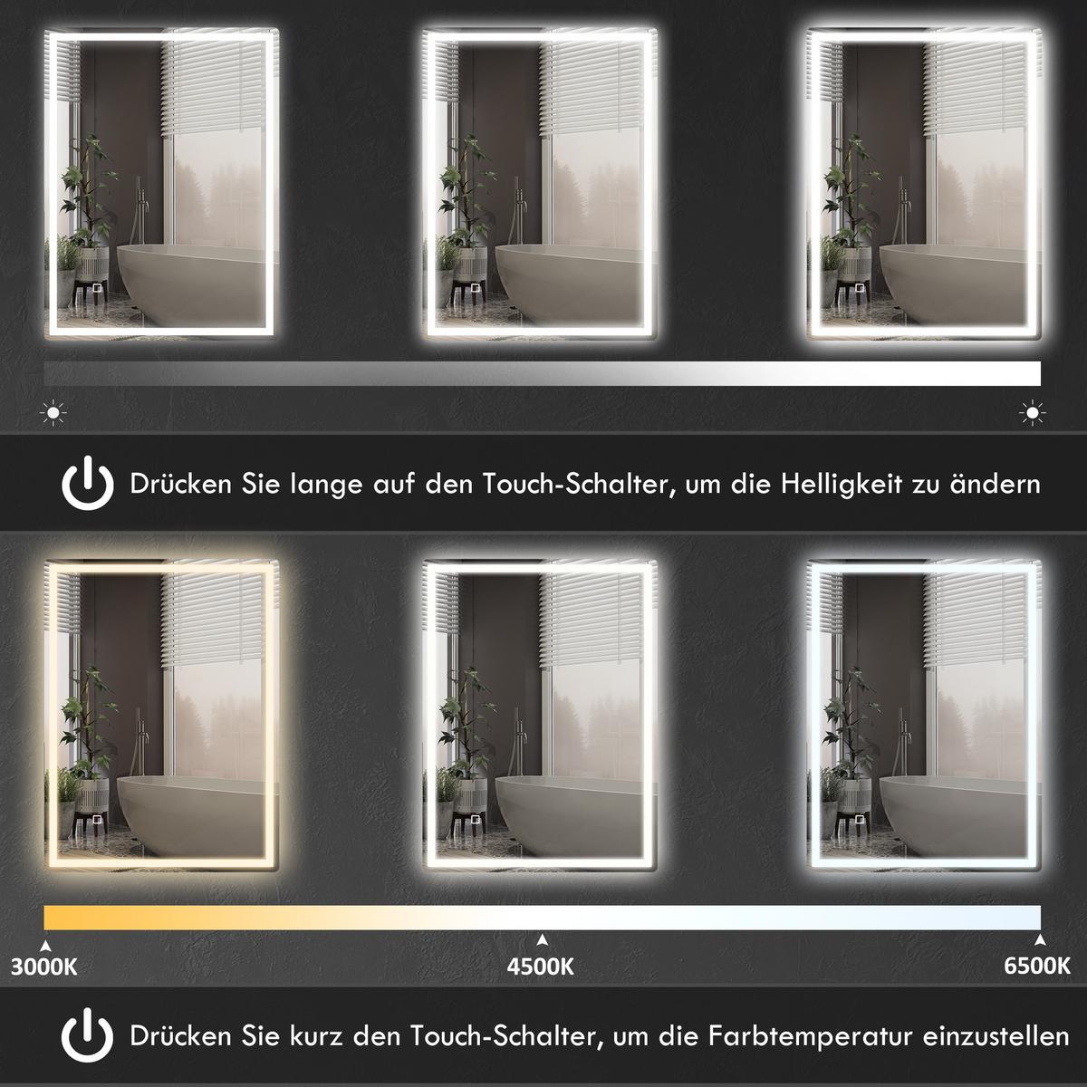 BADSPIEGEL, mit Touchschalter, Memory-Funktion, beschlagfrei, Wasserdicht - Silberfarben, Glas (60/4/80cm) - HOMCOM