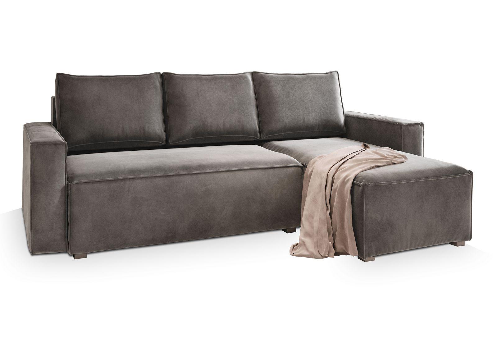 ECKSOFA SILES Grau Velours-Stoff mit Schlaffunktion - Grau, Holz/Kunststoff (230/140cm) - MASSENO