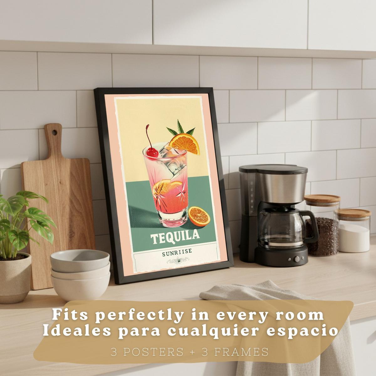 POSTER 3er Set Cocktail-Wandbilder Daiquiri Tequila Sunrise und Negroni Vintage Küche Bar Deko Schwarzer Rahmen A4 - Schwarz, Papier (29.7/1/21cm) - Nacnic