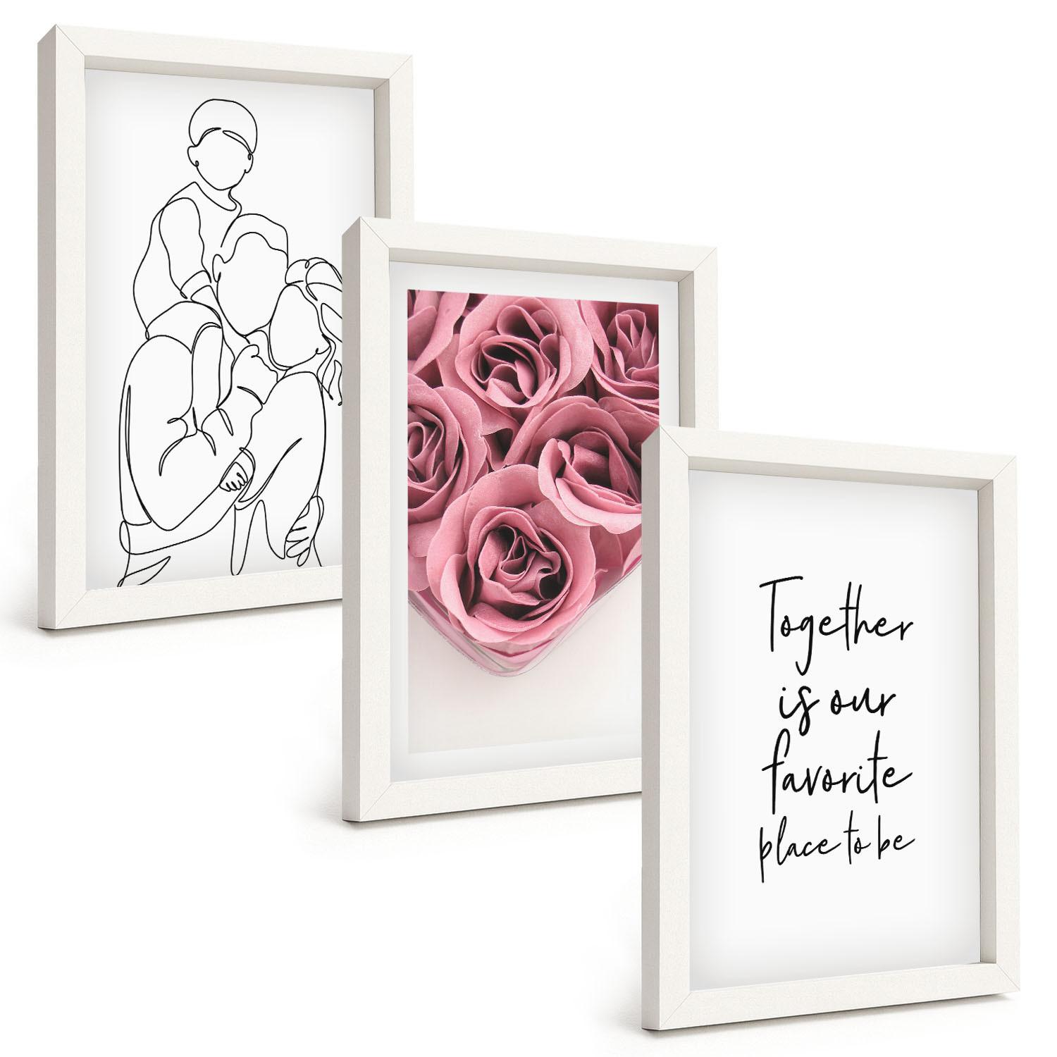 BILDER SET 3er Set - 20x30 cm Weißer Rahmen - Rosensträuße als Familienzeichnung - Weiß, Kunststoff (20/30cm) - TULUP