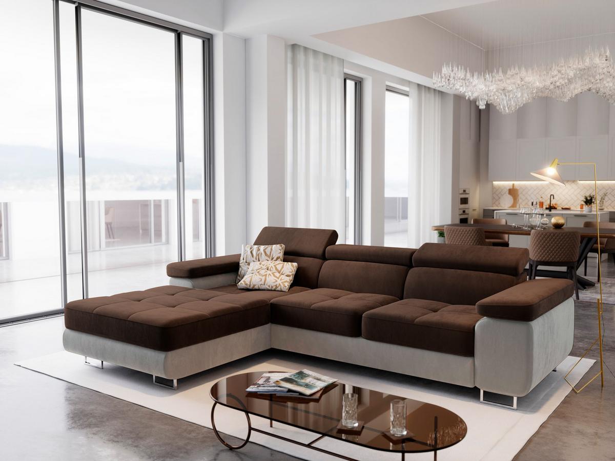 ECKSOFA ELMA L-S Braun Velours-Stoff mit Schlaffunktion - Silberfarben/Braun, Holz/Textil (280/205cm) - MASSENO