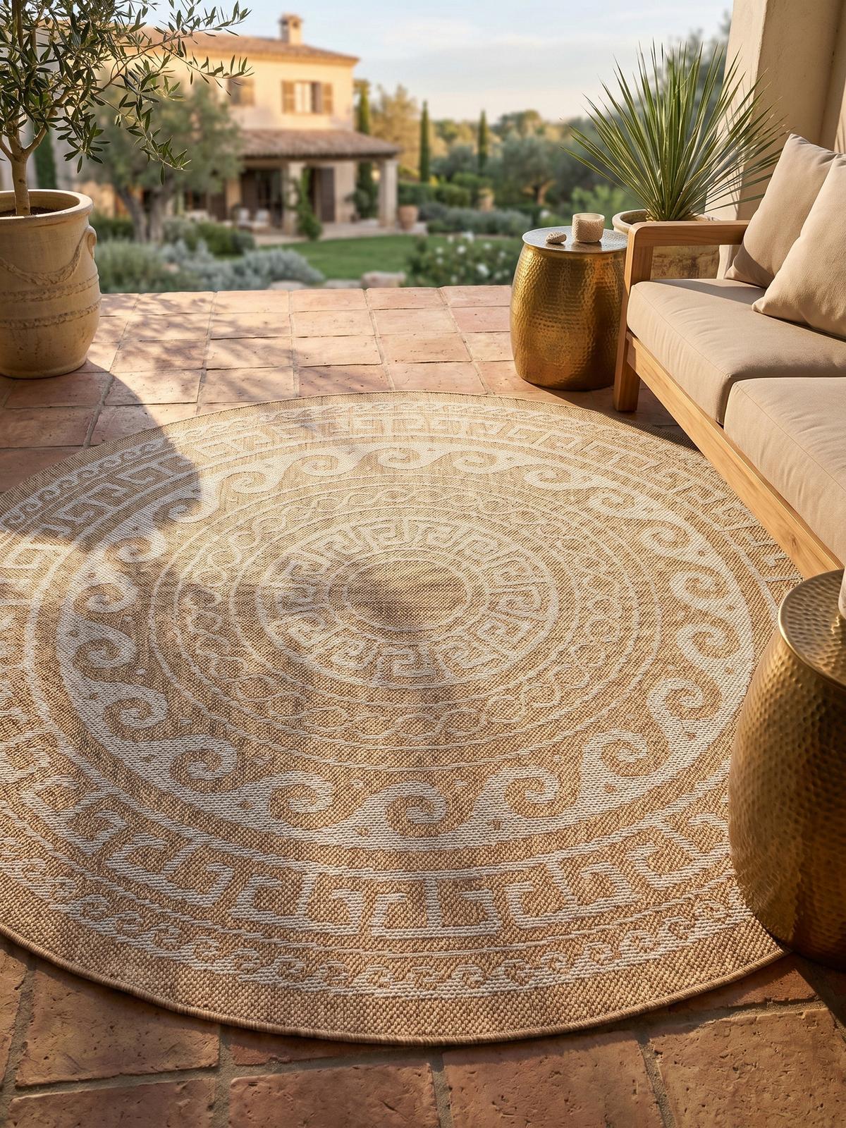 TEPPICH Outdoor KAUNS in Beige, im Vintage-Stil, aus Polypropylen, Ø 120 cm - Beige, Textil (120/120cm) - KADIMA DESIGN