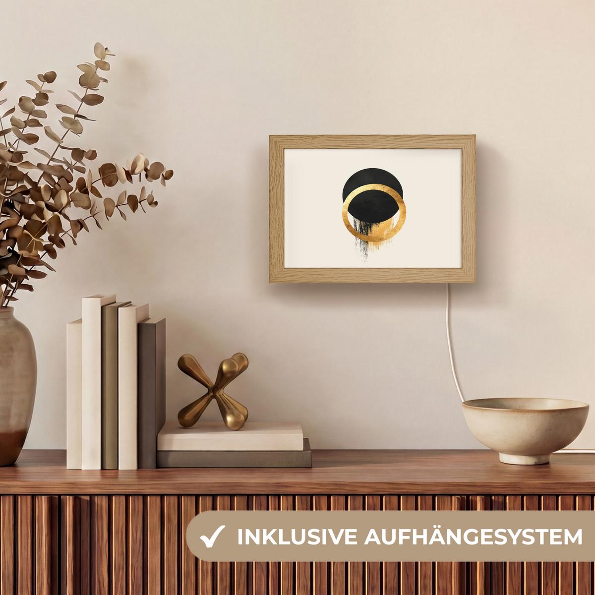 WANDLEUCHTE Abstraktes Design - Schwarzer Kreis - Farbflecken 20x15 cm - Creme, Holzwerkstoff (20/15/8cm) - OnlyWow