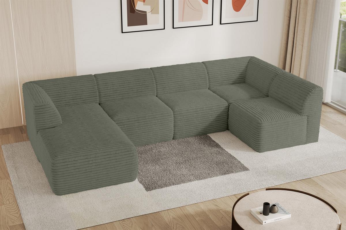 WOHNLANDSCHAFT Ottomane Links MOVO-L 345x180x78 cm Olivgrün Cord - Olivgrün, Holzwerkstoff/Kunststoff (345/78/180cm) - ALTDECOR